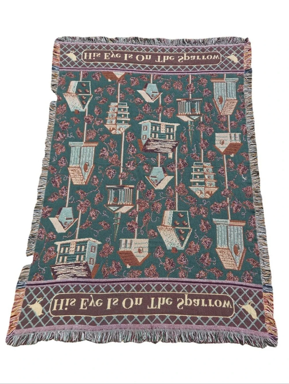 Vintage Christian Throw Blanket His Eye Is On The Sparrow Birdhouse Tapestry 90s